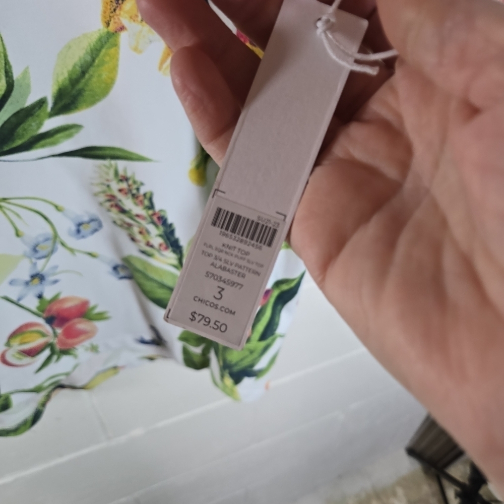 Chicos white tropical floral square neck puff sleeve shirt new 3 xl - Picture 6 of 9
